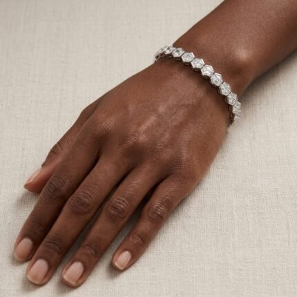 Hexagon Tennis Bracelet, hexagon step cut diamond tennis bracelet in gold, view 2