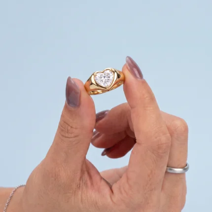 Heart Signet Ring, heart shaped diamond signet ring in gold, view 2