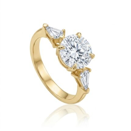 Round Engagement Ring with Kite Sides, round diamond engagement ring with kite cut side stones in gold, TOWIKA