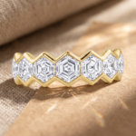 Hexagon Half Eternity Ring, hexagon diamond half eternity ring in gold, view 3