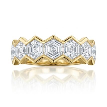 Hexagon Half Eternity Ring, hexagon diamond half eternity ring in gold, view 2