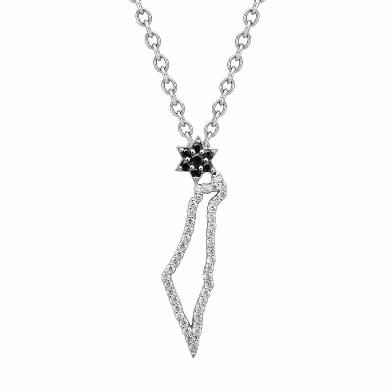Israel Map Necklace 01 Israel Map Necklace, Israel map diamond necklace with Star of David in white gold, TOWIKA