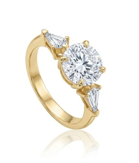 Round Engagement Ring with Kite Sides, round diamond engagement ring with kite cut side stones in gold, TOWIKA